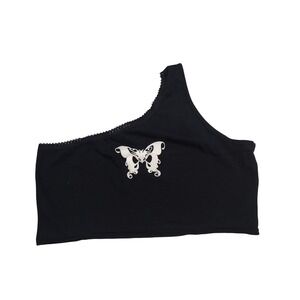 Tammy Girl Black One Shoulder Butterfly Lace Trim Crop Top Kids Size 16